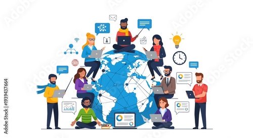 Diverse team collaborating globally with laptops and innovative ideas