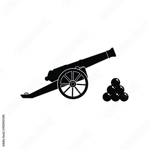 Vintage Cannon With Cannonballs Military Vector Icon