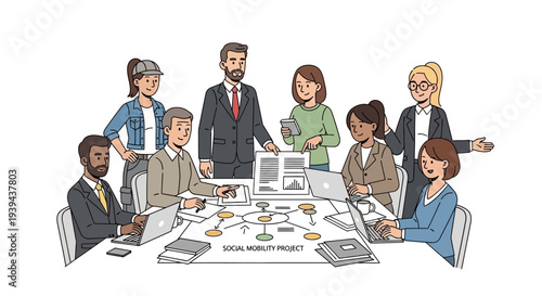 Diverse team collaborating on social mobility project in modern meeting room
