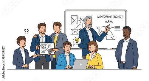 Diverse team collaborating on mentorship project with creative ideas