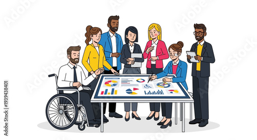 Diverse team collaborating around a table with graphs and charts