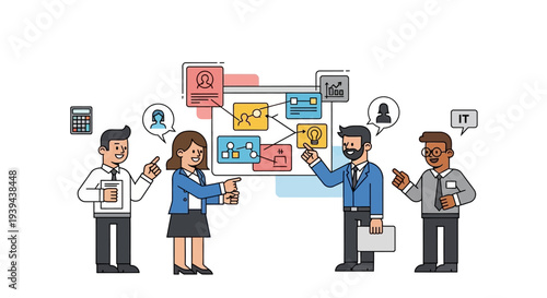 Business team collaborating on project with flowchart and ideas