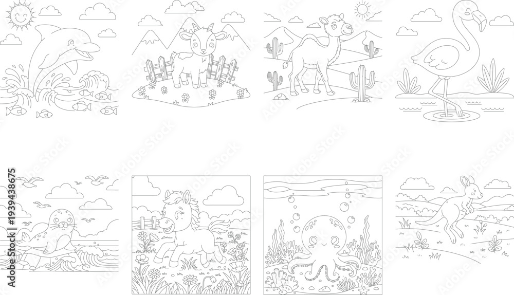 Obraz premium Outline illustrations of cute animals for dot-to-dot or coloring, diverse habitats