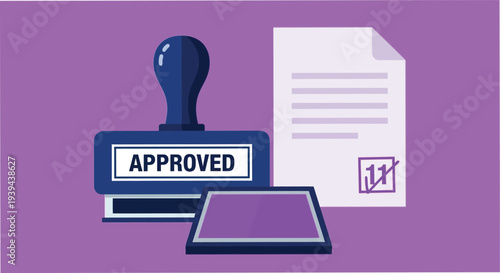 Approved document with stamp and checkmark on purple background