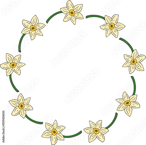 Round frame with narcissus flower on white background.eps