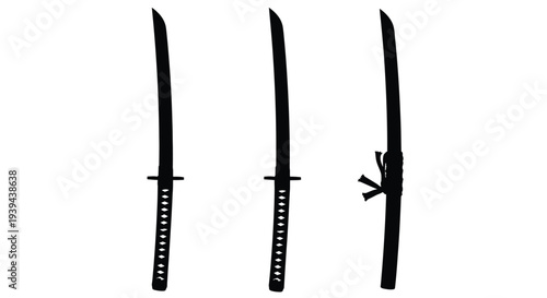 Three japanese swords displayed upright a striking black silhouette