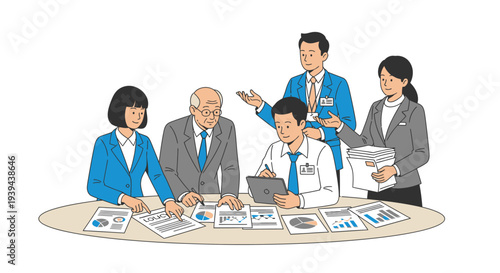 Business team collaborating on project with documents and tablet