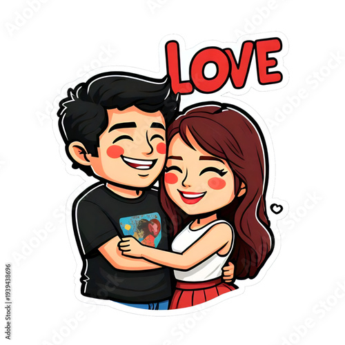 Cute Cartoon Couple Hugging Sticker Illustration