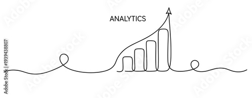 Minimalist continuous line drawing of rising bar graph with analytics. No editable stroke