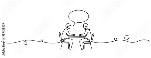 Continuous line art of two people engaged in dialogue across a table. No editable stroke