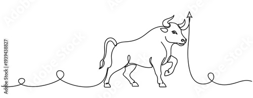 Continuous line art of bull and rising arrow symbolizing stock market growth. No editable stroke