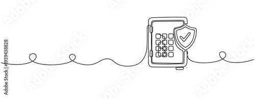 Continuous line drawing of secure payment terminal with shield icon. No editable stroke