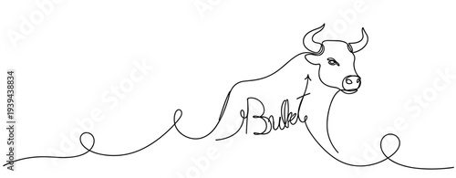 Continuous line drawing of bull with bullish trend arrow. No editable stroke