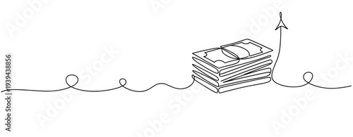 Continuous line drawing of rising finances with stack of money and upward arrow. No editable stroke