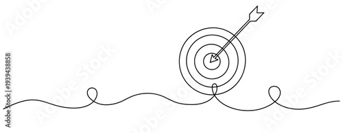 Continuous line drawing of arrow hitting bullseye target. No editable stroke