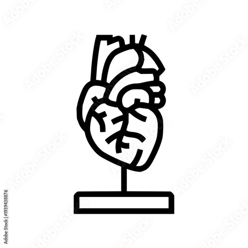 Stylized graphic icon of a detailed human heart anatomy on a display stand, representing medical education and biological science