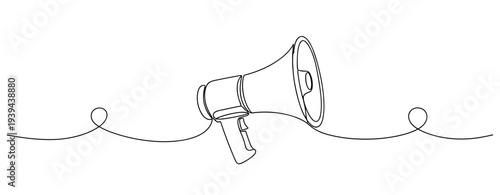 Minimalistic continuous line art of megaphone on white background. No editable stroke