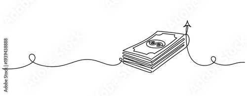 Continuous growth in financial investment line art with dollar bills and upward arrow. No editable stroke