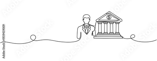 Continuous line drawing of male banker and bank building icon. No editable stroke