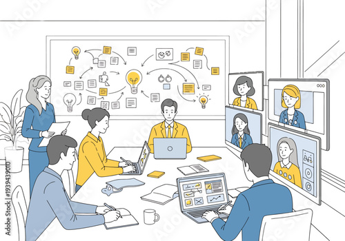 Diverse business team collaborates remotely on project ideas shown on digital screens and whiteboard diagram in modern office meeting room for remote