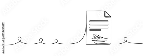 Continuous line drawing of signed paper document with spiral design. No editable stroke