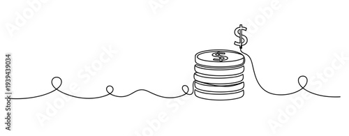 Continuous line drawing of stacked coins with dollar sign symbolizing financial growth. No editable stroke