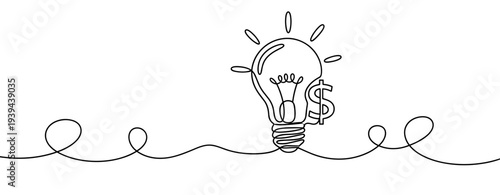 Continuous line drawing of lightbulb with dollar sign symbolizing creative ideas and innovation. No editable stroke