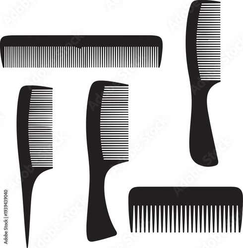 Combs graphic icons set. Different combs for hair black signs isolated on white background. Barbershop symbols. Vector illustration