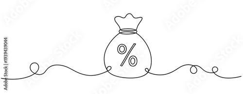 Continuous line drawing of money bag with percentage symbol. No editable stroke