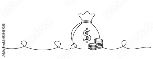 Outline of money bag with dollar sign and coins on white background. No editable stroke