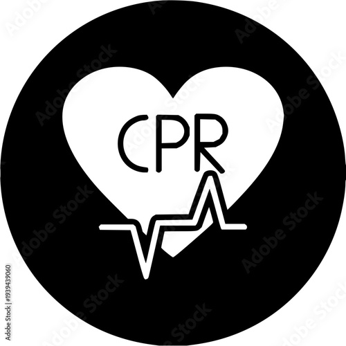 CPR icon on black circle background with heart and heartbeat line illustration