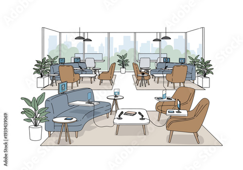 Modern coworking space with comfortable seating arrangements and technology for remote work and collaboration in an urban setting with city views