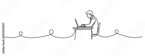 Minimalist line art of person working on laptop at desk. No editable stroke