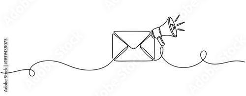 Continuous line drawing of envelope with megaphone for communication and marketing concepts. No editable stroke