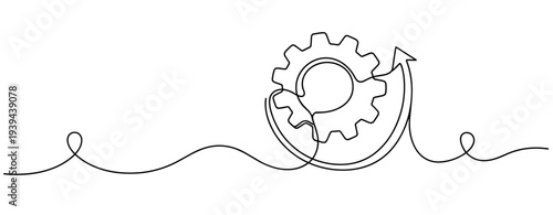 Continuous line drawing of gear with arrow symbolizing growth and development. No editable stroke