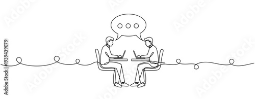 Two males communicating via laptops in minimalistic line art design. No editable stroke