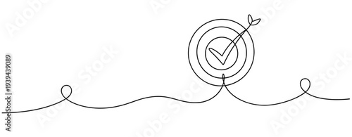 Continuous line drawing of target with arrow hitting bullseye. No editable stroke