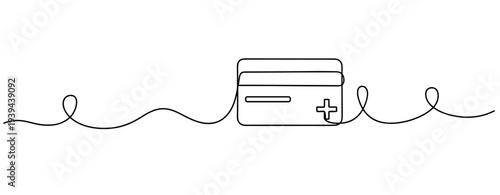 Minimalist one-line drawing of medical-themed credit card with heartbeat line. No editable stroke