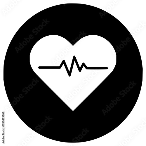 A black circle with a white heart and an electrocardiogram line inside, representing health and medical monitoring