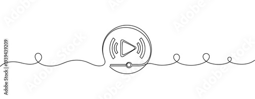 Continuous line art of media player icon with play button and sound waves. No editable stroke