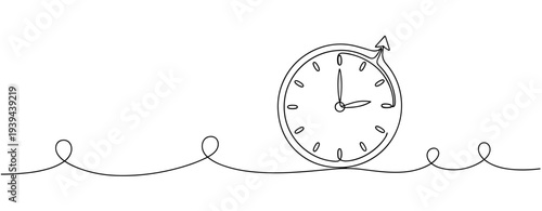 Continuous line drawing of analog clock with arrow and swirls. No editable stroke