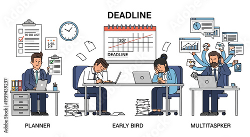 Office workers managing deadlines in different styles