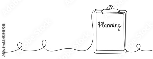 Continuous line art of planning concept with clipboard and text. No editable stroke