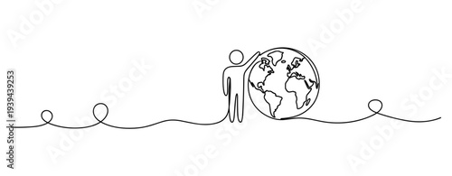 Minimalist line art: person with earth globe. No editable stroke