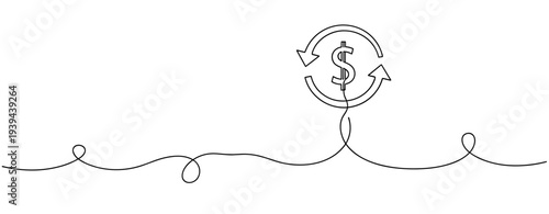 Continuous line drawing of dollar sign with arrows symbolizing financial cycle. No editable stroke