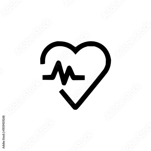Clean and minimalist black outline icon depicting a healthy heart with an integrated rhythm line, symbolizing medical care, wellness, vitality, and essential life signs for modern designs
