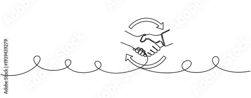 Continuous line art of handshake with arrows representing collaboration and teamwork. No editable stroke