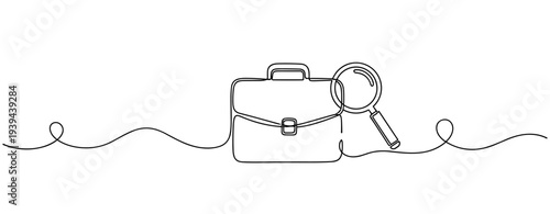 Continuous line art of briefcase and magnifying glass symbolizing job search. No editable stroke