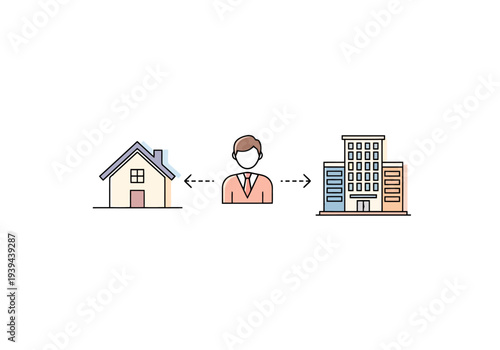 Business professional facilitates connection between home and office buildings representing remote work or relocation services and communication