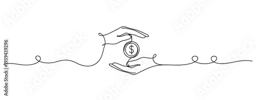 Continuous line drawing of hands holding a coin symbolizing financial protection. No editable stroke